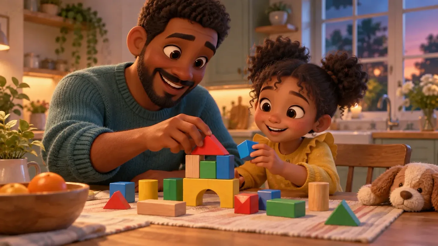 Un père et sa fille construisent avec des blocs de formes colorées à la maison