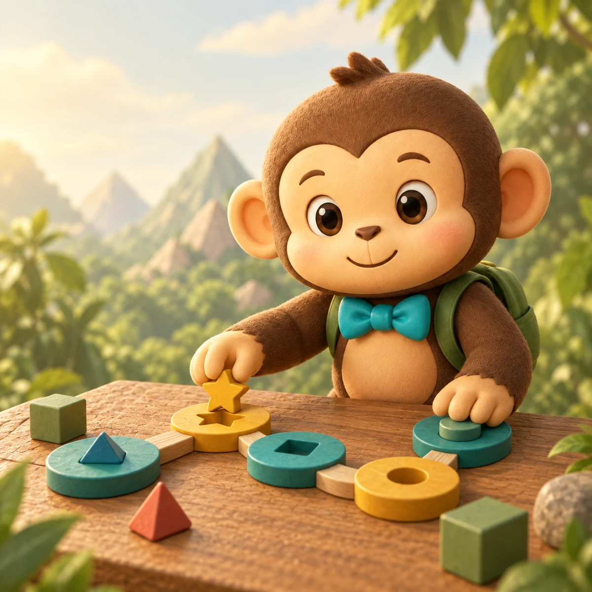 Pikoo place une étoile dans un parcours de formes en bois colorées