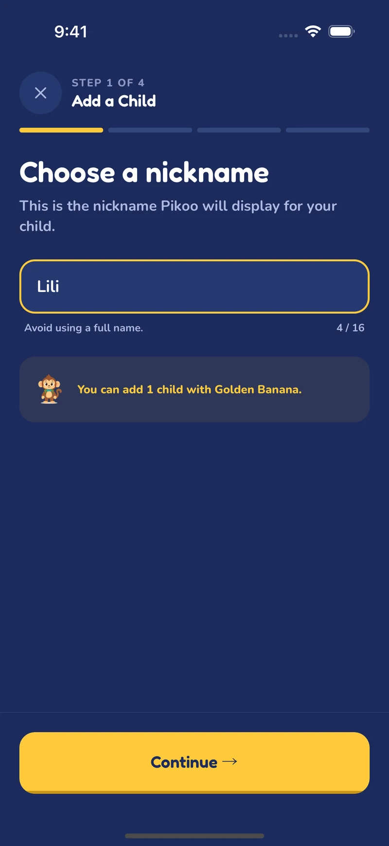 Creating a child profile in Pikoo