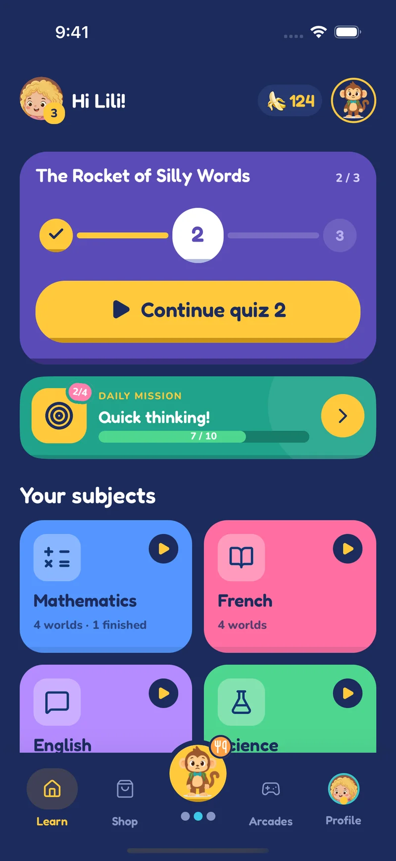 Pikoo child home with quizzes, missions and subjects