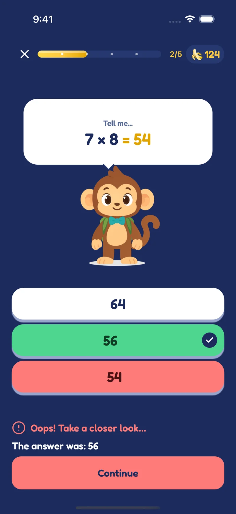 Pikoo multiplication quiz with a selected answer