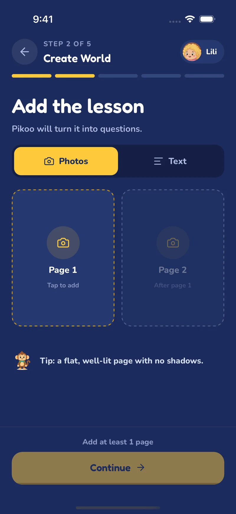 Adding a photo of school material in Pikoo