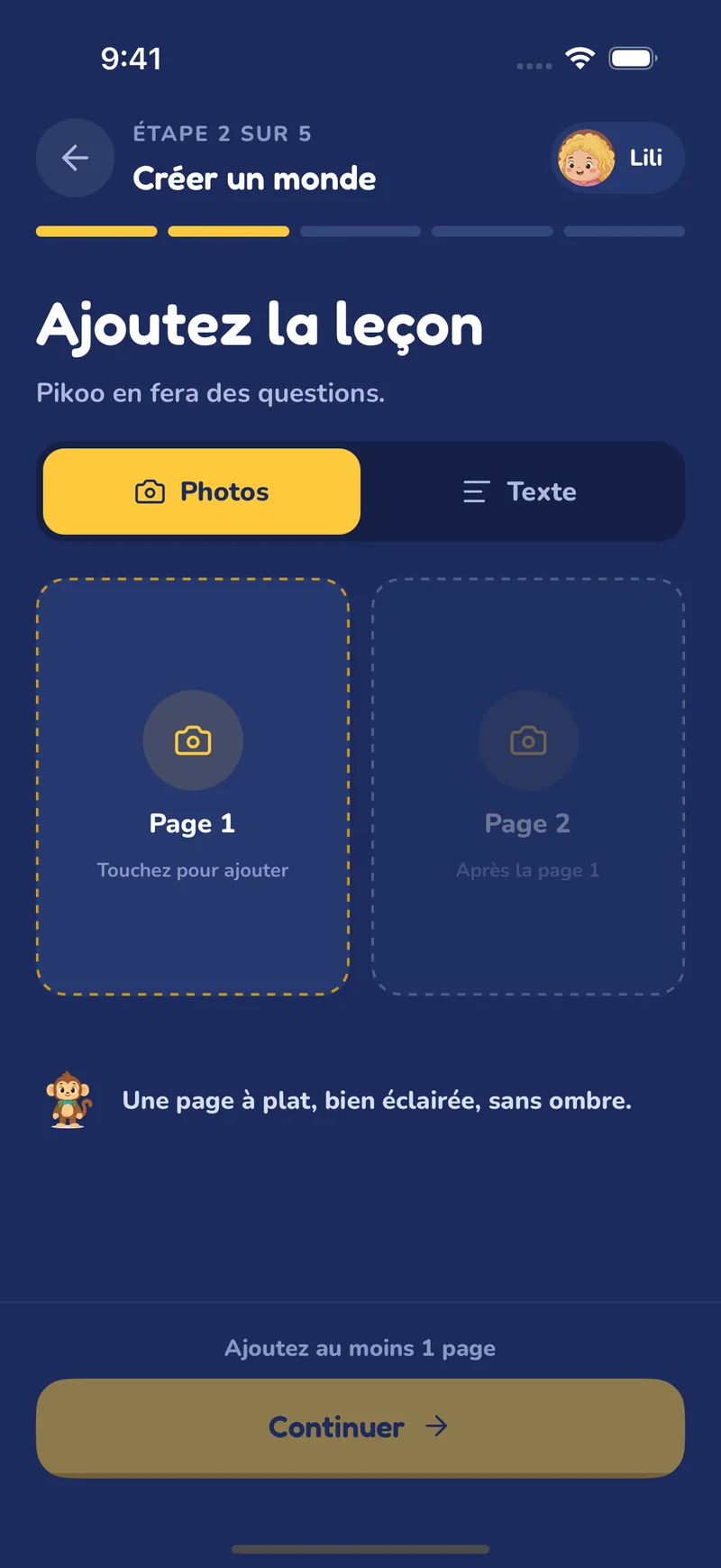 Ajout d’une photo de matière scolaire dans Pikoo